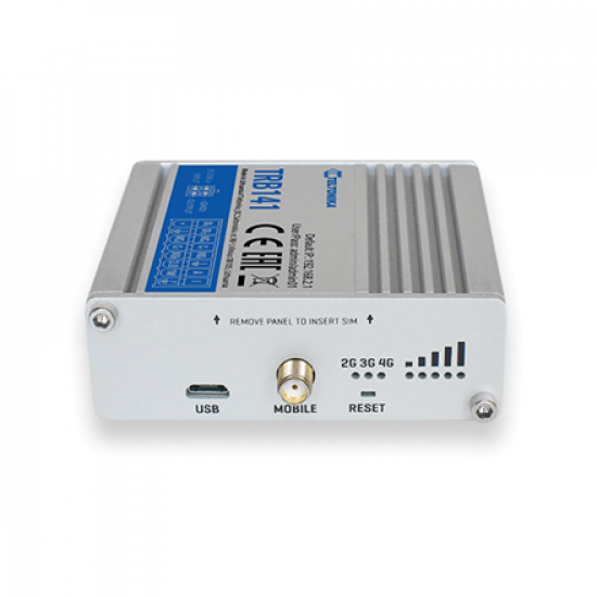 LTE Gateway | TRB141 | No Wi-Fi | Ethernet LAN (RJ-45) ports 0 | Mesh Support No | MU-MiMO No | 2G/3G/4G | Antenna type 1 x SMA for LTE | 1 x Virtual network interface via micro USB