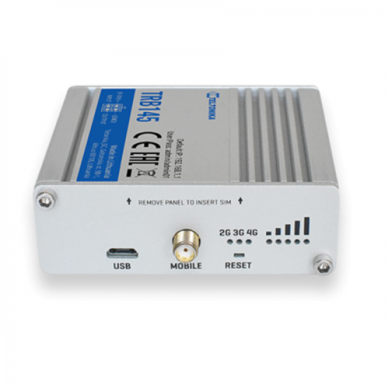 LTE Gateway | TRB145 | No Wi-Fi | Ethernet LAN (RJ-45) ports 0 | Mesh Support No | MU-MiMO No | 2G/3G/4G | Antenna type 1 x SMA for LTE | 1 x Virtual network interface via micro USB