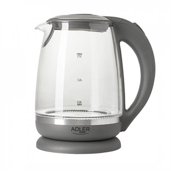 Adler | Kettle | AD 1286 | Standard | 2200 W | 2 L | Plastic/Glass | 360° rotational base | Grey/ transparent