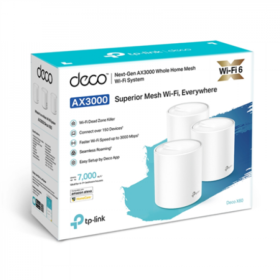 AX3000 Whole Home Mesh Wi-Fi 6 System | Deco X60(3-pack) | 802.11ax | 575+2400 Mbit/s | Ethernet LAN (RJ-45) ports 2 | Mesh Support Yes | MU-MiMO Yes | Antenna type Internal