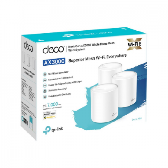 AX3000 Whole Home Mesh Wi-Fi 6 System | Deco X60(3-pack) | 802.11ax | 575+2400 Mbit/s | Ethernet LAN (RJ-45) ports 2 | Mesh Support Yes | MU-MiMO Yes | Antenna type Internal