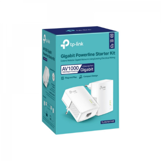 TP-LINK | Gigabit Powerline Starter Kit | TL-PA7017 KIT | 10/100/1000 Mbit/s | Ethernet LAN (RJ-45) ports 1 | No Wi-Fi | Data transfer rate (max) 1000 Mbit/s | Extra socket