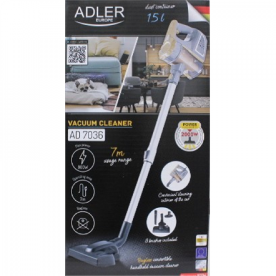 SALE OUT. | Adler | Vacuum Cleaner | AD 7036 | Corded operating | Handstick and Handheld | 800 W | - V | Operating radius 7 m | Yellow/Grey | Warranty 24 month(s) | DAMAGED PACKAGING