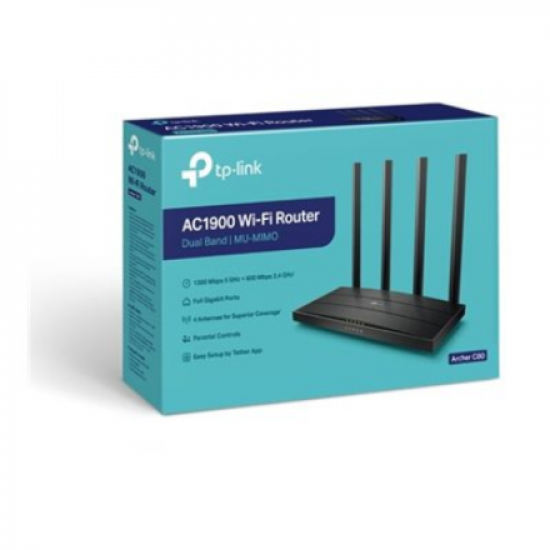 AC1900 Wireless MU-MIMO Wi-Fi 5 Router | Archer C80 | 802.11ac | 1300+600 Mbit/s | 10/100/1000 Mbit/s | Ethernet LAN (RJ-45) ports 4 | Mesh Support No | MU-MiMO Yes | No mobile broadband | Antenna type 4xFixed