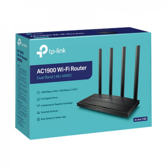 AC1900 Wireless MU-MIMO Wi-Fi 5 Router | Archer C80 | 802.11ac | 1300+600 Mbit/s | 10/100/1000 Mbit/s | Ethernet LAN (RJ-45) ports 4 | Mesh Support No | MU-MiMO Yes | No mobile broadband | Antenna type 4xFixed