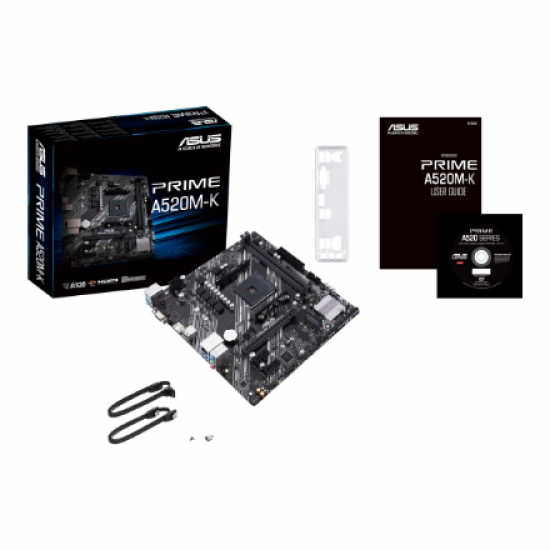 Asus | PRIME A520M-K | Processor family AMD | Processor socket AM4 | DDR4 | Memory slots 2 | Supported hard disk drive interfaces M.2, SATA | Number of SATA connectors 4 | Chipset AMD A | Micro ATX