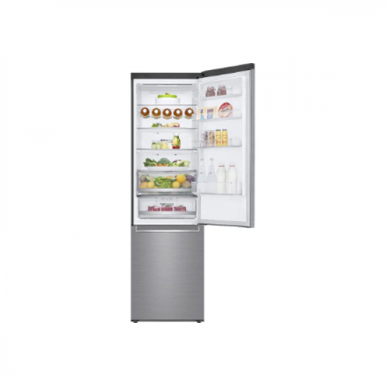 LG | Refrigerator | GBB72PZDMN | Energy efficiency class E | Free standing | Combi | Height 203 cm | No Frost system | Fridge net capacity 277 L | Freezer net capacity 107 L | Display | 36 dB | Silver