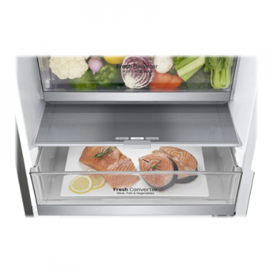LG | Refrigerator | GBB72PZDMN | Energy efficiency class E | Free standing | Combi | Height 203 cm | No Frost system | Fridge net capacity 277 L | Freezer net capacity 107 L | Display | 36 dB | Silver