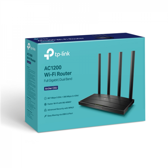 AC1200 Wireless Gigabit Router | Archer C6U | 802.11ac | 300+867 Mbit/s | 10/100/1000 Mbit/s | Ethernet LAN (RJ-45) ports 4 | Mesh Support No | MU-MiMO Yes | No mobile broadband | Antenna type External | 1× USB 2.0