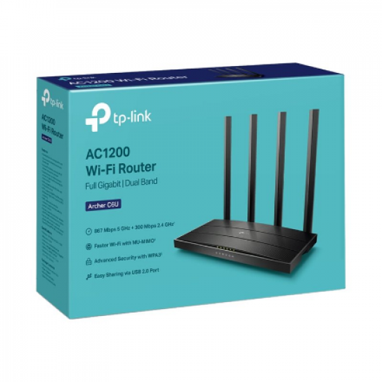 AC1200 Wireless Gigabit Router | Archer C6U | 802.11ac | 300+867 Mbit/s | 10/100/1000 Mbit/s | Ethernet LAN (RJ-45) ports 4 | Mesh Support No | MU-MiMO Yes | No mobile broadband | Antenna type External | 1× USB 2.0