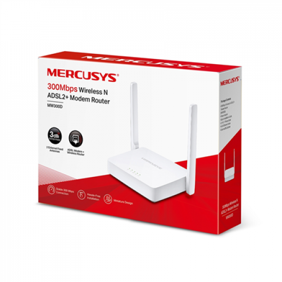 Wireless N ADSL2+ Modem Router | MW300D | 802.11n | 300 Mbit/s | 10/100 Mbit/s | Ethernet LAN (RJ-45) ports 3 | Mesh Support No | MU-MiMO No | No mobile broadband | Antenna type  2×External