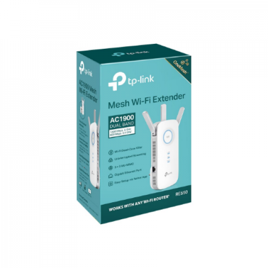 TP-LINK | AC1900 Wi-Fi Range Extender | RE550 | 802.11ac | 2GHz/5GHz | 600+1300 Mbit/s | 10/100/1000 Mbit/s | Ethernet LAN (RJ-45) ports 1 | MU-MiMO No | no PoE | Antenna type 3xExternal | No