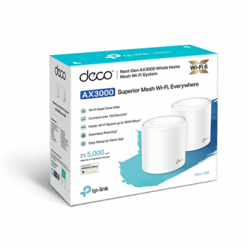 AX3000 Whole Home Mesh Wi-Fi 6 System | Deco X60 (2-pack) | 802.11ax | 2402+574 Mbit/s | 10/100/1000 Mbit/s | Ethernet LAN (RJ-45) ports 2 | Mesh Support Yes | MU-MiMO Yes | Antenna type 4xInternal per Deco uni