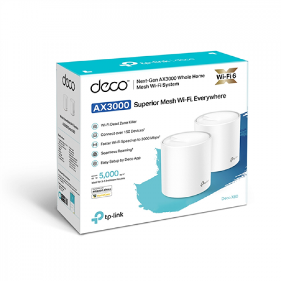 AX3000 Whole Home Mesh Wi-Fi 6 System | Deco X60 (2-pack) | 802.11ax | 2402+574 Mbit/s | 10/100/1000 Mbit/s | Ethernet LAN (RJ-45) ports 2 | Mesh Support Yes | MU-MiMO Yes | Antenna type 4xInternal per Deco uni