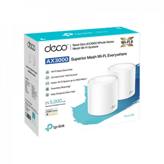 AX3000 Whole Home Mesh Wi-Fi 6 System | Deco X60 (2-pack) | 802.11ax | 2402+574 Mbit/s | 10/100/1000 Mbit/s | Ethernet LAN (RJ-45) ports 2 | Mesh Support Yes | MU-MiMO Yes | Antenna type 4xInternal per Deco uni