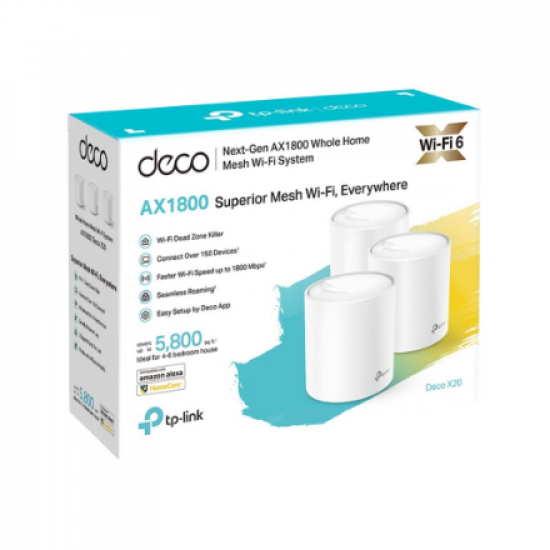 Whole-Home Wi-Fi System | Deco X20(3-pack) | 802.11ac | 1201 Mbit/s | 10/100/1000 Mbit/s | Ethernet LAN (RJ-45) ports 2 | Mesh Support Yes | No mobile broadband | Antenna type Internal