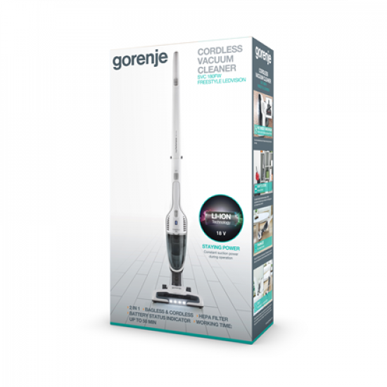 Gorenje | Vacuum cleaner | SVC180FW | Handstick 2in1 | Handstick | 18 V | Operating time (max) 50 min | White | Warranty 24 month(s) | Battery warranty 12 month(s)