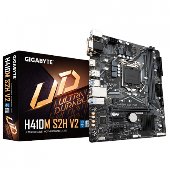 Gigabyte | H410M S2H V2 1.0 M/B | Processor family Intel | Processor socket LGA1200 | DDR4 DIMM | Memory slots 2 | Supported hard disk drive interfaces SATA, M.2 | Number of SATA connectors 4 | Chipset Intel H | Micro ATX