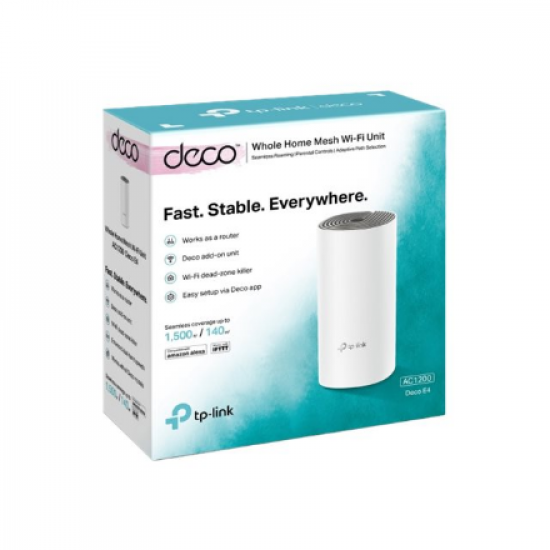 Whole Home Mesh Wi-Fi System | Deco E4 (1-pack) | 802.11ac | 867+300 Mbit/s | 10/100 Mbit/s | Ethernet LAN (RJ-45) ports 2 | Mesh Support Yes | MU-MiMO Yes | No mobile broadband | Antenna type 2xInternal