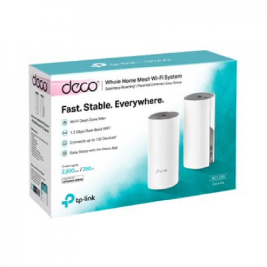Whole Home Mesh Wi-Fi System | Deco E4 (3-pack) | 802.11ac | 867+300 Mbit/s | 10/100 Mbit/s | Ethernet LAN (RJ-45) ports 2 | Mesh Support Yes | MU-MiMO No | No mobile broadband | Antenna type 2xInternal