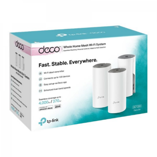 Whole Home Mesh Wi-Fi System | Deco E4 (3-pack) | 802.11ac | 867+300 Mbit/s | 10/100 Mbit/s | Ethernet LAN (RJ-45) ports 2 | Mesh Support Yes | MU-MiMO No | No mobile broadband | Antenna type 2xInternal