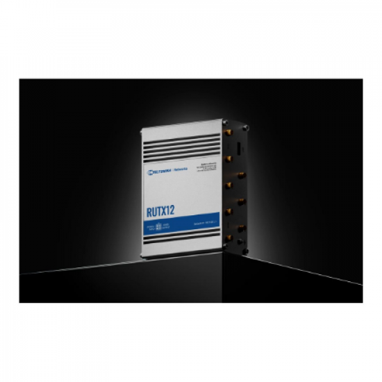 Dual LTE Cat 6 Router | RUTX12 | 802.11ac | 867 Mbit/s | 10/100/1000 Mbit/s | Ethernet LAN (RJ-45) ports 4 | Mesh Support No | MU-MiMO Yes | 4G | Antenna type 4xSMA for LTE, 2xRP-SMA for WiFi, 1xRP-SMA for Bluetooth, 1xSMA for GNNS | 1 x USB A