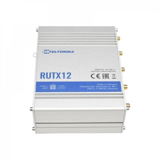 Dual LTE Cat 6 Router | RUTX12 | 802.11ac | 867 Mbit/s | 10/100/1000 Mbit/s | Ethernet LAN (RJ-45) ports 4 | Mesh Support No | MU-MiMO Yes | 4G | Antenna type 4xSMA for LTE, 2xRP-SMA for WiFi, 1xRP-SMA for Bluetooth, 1xSMA for GNNS | 1 x USB A