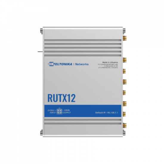 Dual LTE Cat 6 Router | RUTX12 | 802.11ac | 867 Mbit/s | 10/100/1000 Mbit/s | Ethernet LAN (RJ-45) ports 4 | Mesh Support No | MU-MiMO Yes | 4G | Antenna type 4xSMA for LTE, 2xRP-SMA for WiFi, 1xRP-SMA for Bluetooth, 1xSMA for GNNS | 1 x USB A