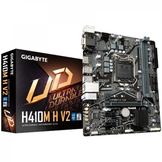 Gigabyte | H410M H V2 1.0 M/B | Processor family Intel | Processor socket LGA1200 | DDR4 DIMM | Memory slots 2 | Supported hard disk drive interfaces SATA, M.2 | Number of SATA connectors 4 | Chipset Micro ATX | Intel H