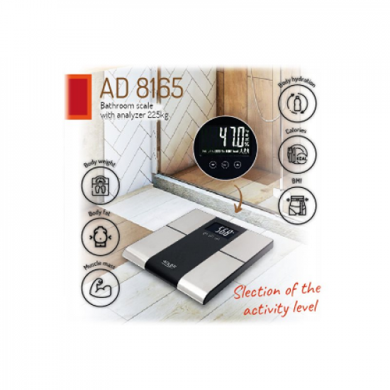 Adler | Bathroom scale with analyzer | AD 8165 | Maximum weight (capacity) 225 kg | Accuracy 100 g | Body Mass Index (BMI) measuring | Stainless steel/Black