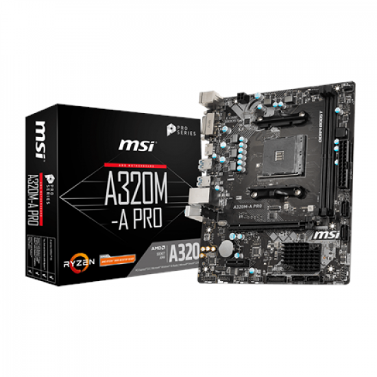 MSI | A320M-A PRO | Processor family AMD | Processor socket AM4 | DDR4 | Memory slots 2 | Supported hard disk drive interfaces SATA | Number of SATA connectors 4 | Chipset AMD A320 | m-ATX