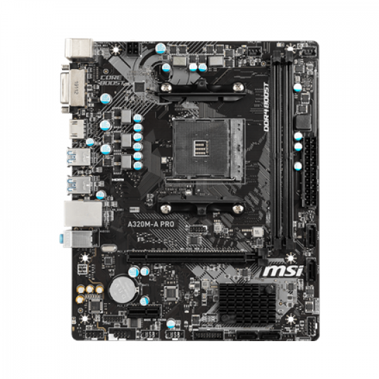 MSI | A320M-A PRO | Processor family AMD | Processor socket AM4 | DDR4 | Memory slots 2 | Supported hard disk drive interfaces SATA | Number of SATA connectors 4 | Chipset AMD A320 | m-ATX
