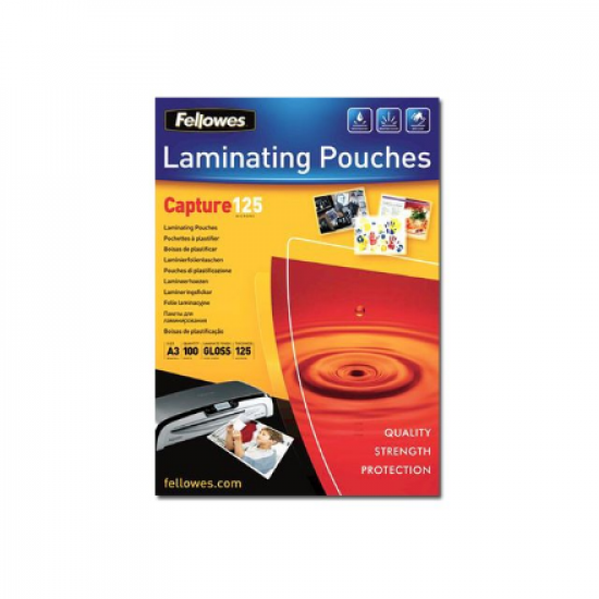 Fellowes | Laminating Pouch | A3 | Glossy | Thickness: 125 micron, Qty Per Pack: 100 pcs; Ideal for notices, craft materials, signage and frequently handled documents
