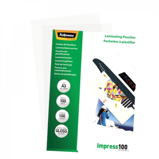 Fellowes | Laminating Pouch | A3 | Glossy | Thickness: 100 micron, Qty Per Pack: 100 pcs; Ideal for notices, craft materials, signage and frequently handled documents; Compatible with all laminator brands