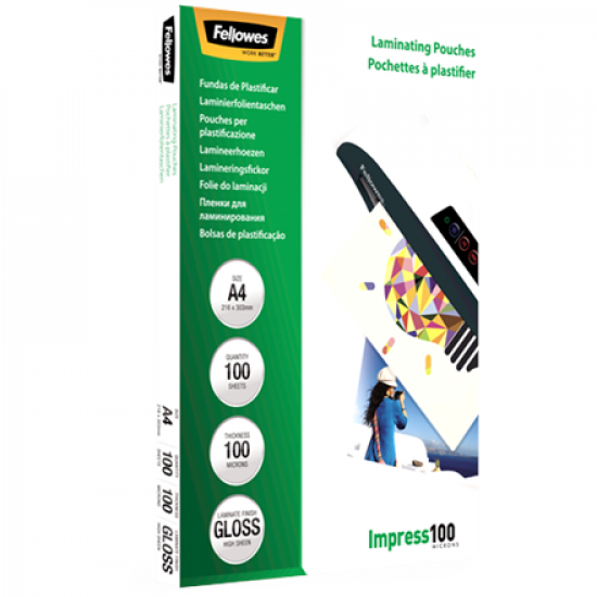 Fellowes | Laminating Pouch | A4 | Clear | Thickness: 100 micron, Qty Per Pack: 100 pcs; Ideal for notices, craft materials, signage and frequently handled documents; Compatible with all laminator brands