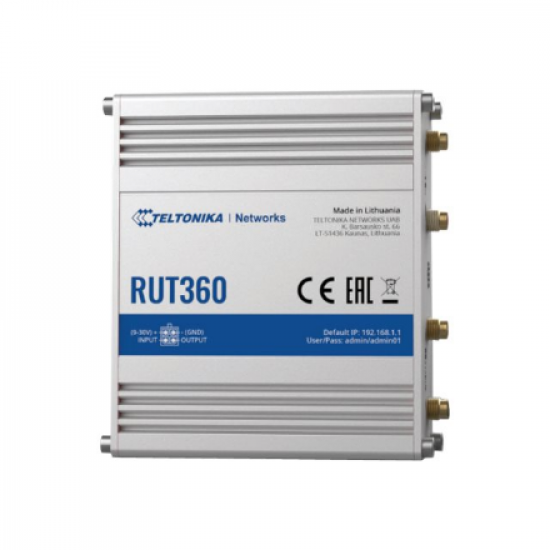Industrial Cellular Router | RUT360 LTE CAT6 | 1 x LAN ports, 10/100 Mbps, compliance with IEEE 802.3, IEEE 802.3u standards, supports auto MDI/MDIX crossover Mbit/s | Ethernet LAN (RJ-45) ports 2 x RJ45 ports, 10/100 Mbps | Mesh Support No | MU-MiMO Yes 