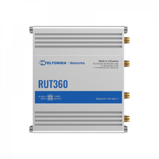 Industrial Cellular Router | RUT360 LTE CAT6 | 1 x LAN ports, 10/100 Mbps, compliance with IEEE 802.3, IEEE 802.3u standards, supports auto MDI/MDIX crossover Mbit/s | Ethernet LAN (RJ-45) ports 2 x RJ45 ports, 10/100 Mbps | Mesh Support No | MU-MiMO Yes 