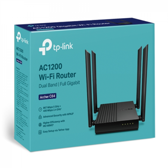 AC1200 Wireless MU-MIMO Wi-Fi Router | Archer C64 | 802.11ac | 867+400 Mbit/s | Ethernet LAN (RJ-45) ports 4 | Mesh Support No | MU-MiMO Yes | No mobile broadband | Antenna type 4 x Fixed