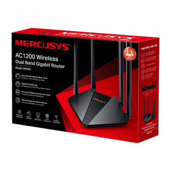 AC1200 Wireless Dual Band Gigabit Router | MR30G | 802.11ac | 867+300 Mbit/s | Ethernet LAN (RJ-45) ports 2× Gigabit LAN Ports | Mesh Support No | MU-MiMO Yes | Antenna type 4× 5 dBi Fixed Omni-Directional Antennas | 24 month(s)