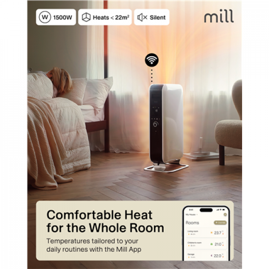 Mill | Heater | OIL1500WIFI3 GEN3 | Oil Filled Radiator | 1500 W | Number of power levels 3 | Suitable for rooms up to 25 m² | White/Black