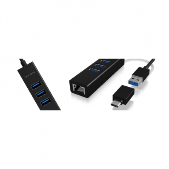 Raidsonic | 4 Port Hub with USB 3.0 Type-A, Type-C, Gigabit LAN | Icy Box IB-HUB1419-LAN