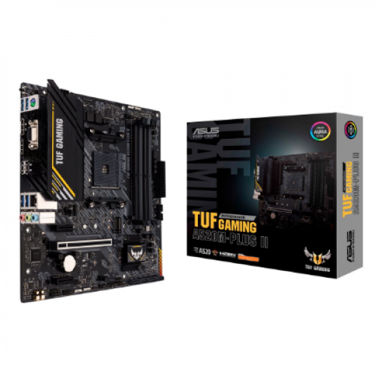 Asus | TUF GAMING A520M-PLUS II | Processor family AMD | Processor socket AM4 | DDR4 DIMM | Memory slots 4 | Supported hard disk drive interfaces 	SATA, M.2 | Number of SATA connectors 4 | Chipset  AMD A520 | Micro ATX
