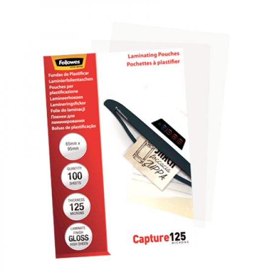 Fellowes | Laminating Pouch - 65x95mm | Glossy | Ideal for identity cards, credit cards, business cards and visitor cards; Capture 125 Micron thickness - providing an advanced level of document protection; Pack size of 100; Compatible with all laminator b
