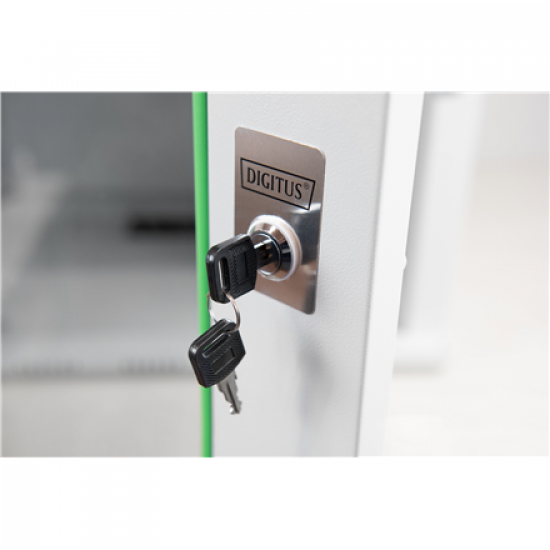 Digitus | Wall Mounting Cabinet | DN-19 09-U | Grey | IP protection class: IP20; Front door: Glass door, single opening; Cabinet type: Wall mounting cabinet; Equipment mounting depth min.-max.: 305-370 mm; Load capacity: 100 kg; Dimensions: 509 x 600 x 45