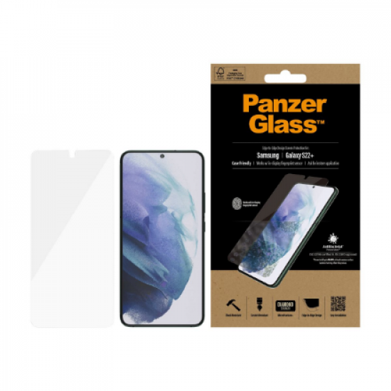 PanzerGlass | Samsung | Galaxy S22+ | Tempered glass | Transparent | Case friendly. Compatible with ultrasonic fingerprint sensor. 100 % touch sensitivity. Antibacterial (ISO 22196 certified & JIS 22810 approved) | Screen Protector