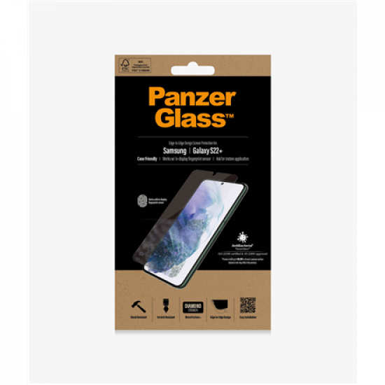 PanzerGlass | Samsung | Galaxy S22+ | Tempered glass | Transparent | Case friendly. Compatible with ultrasonic fingerprint sensor. 100 % touch sensitivity. Antibacterial (ISO 22196 certified & JIS 22810 approved) | Screen Protector
