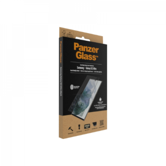 PanzerGlass | Samsung | Galaxy S22 Ultra | Tempered glass | Black | Case friendly. Compatible with ultrasonic fingerprint sensor. 100 % touch sensitivity. Antibacterial (ISO 22196 certified & JIS 22810 approved) | Screen Protector