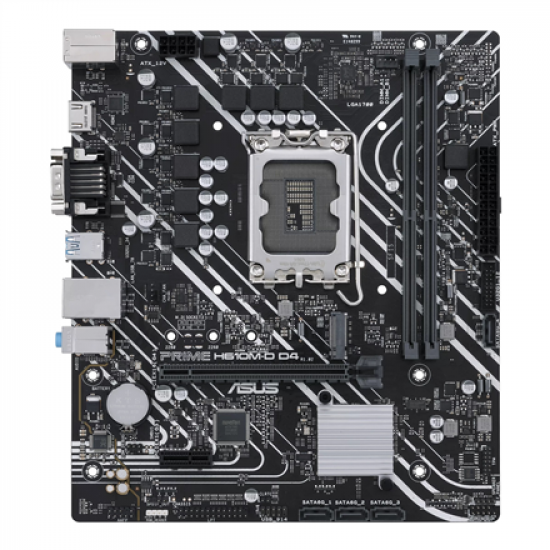 Asus | PRIME H610M-D D4 | Processor family Intel | Processor socket  LGA1700 | DDR4 DIMM | Memory slots 2 | Supported hard disk drive interfaces SATA, M.2 | Number of SATA connectors 4 | Chipset Intel H610 | mATX
