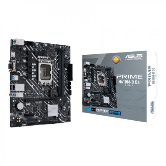 Asus | PRIME H610M-D D4 | Processor family Intel | Processor socket  LGA1700 | DDR4 DIMM | Memory slots 2 | Supported hard disk drive interfaces SATA, M.2 | Number of SATA connectors 4 | Chipset Intel H610 | mATX