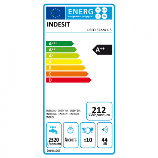 INDESIT Dishwasher | DSFO 3T224 C S | Free standing | Width 45 cm | Number of place settings 10 | Number of programs 9 | Energy efficiency class E | Display | Silver